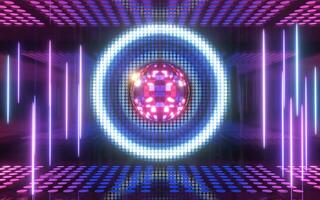 glimmend disco bal met neon licht achtergrond, 3d weergave. foto