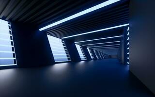 donker tunnel, futuristische concept, 3d weergave. foto