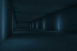 blauw donker tunnel met lichten terzijde, 3d weergave. foto
