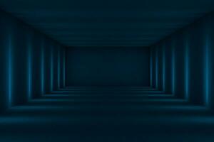 blauw donker tunnel met lichten terzijde, 3d weergave. foto