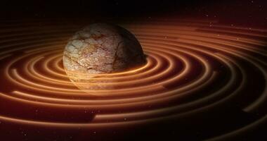 abstract geel bruin ruimte planeet met een ronde asteroïde riem ring futuristische hi-tech Aan de achtergrond van sterren in Open ruimte foto
