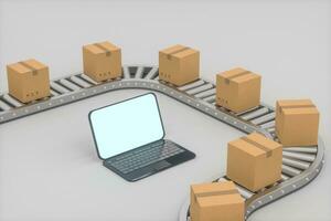 dozen in beweging Aan de transportband riem, laptop en transportband riem ,3d weergave. foto