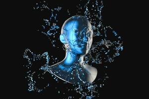 blauw metaal menselijk hoofd met deeltjes, 3d weergave. foto