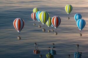 heet lucht ballon vliegend over- de oceaan, 3d weergave. foto