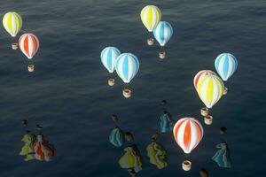 heet lucht ballon vliegend over- de oceaan, 3d weergave. foto