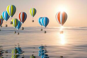 heet lucht ballon vliegend over- de oceaan, 3d weergave. foto