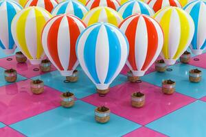 meerdere hete lucht ballon met kleurrijk achtergrond, 3d weergave. foto