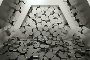 zeshoekig tunnel ruimte met zeshoek kubussen, 3d weergave. foto