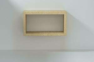 leeg houten kubus plank in de leeg kamer, 3d weergave. foto