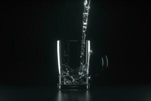 gieten de water in de glas, donker achtergrond, 3d weergave. foto