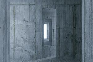 donker kamer met een gloeiend en helder deur, 3d weergave. foto