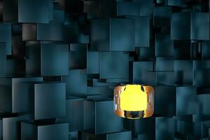 een kamer vol met donker kubussen, verlichte door gloeiend kubussen, 3d renderen foto