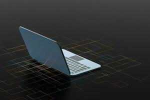 laptop met zwart achtergrond, technologisch concept, 3d weergave. foto