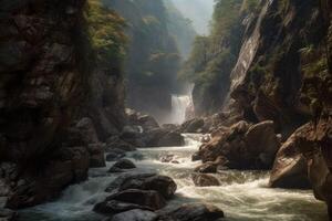 waterval in de bergen Woud met mooi visie ai generatief foto