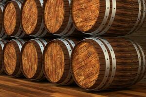 houten wijnmakerij vat met warm kleur achtergrond, 3d renderen foto