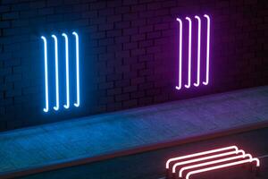 de gloeiend neon met steen muur achtergrond, 3d weergave. foto