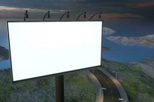 blanco reclame bord en kronkelend weg, 3d renderen foto