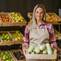 vrouw werken in fruit en groenten winkel. ze is Holding mand met merg squash. foto