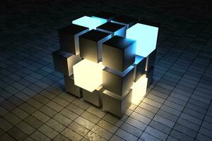 3d weergave, creatief kubussen met zin van wetenschap en technologie foto