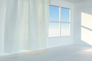een leeg kamer met zonneschijn komen door de gordijn, 3d weergave. foto