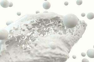 zuiverheid spatten melk met vliegend bollen, 3d weergave. foto