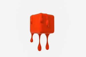 rood smelten kubus met vloeistof laten vallen details, 3d renderen foto