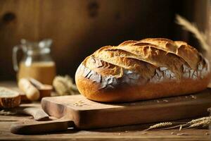 voedsel fotografie van een brood van vers gebakken eigengemaakt brood, uitstralend warmte en comfort Aan een rustiek houten tafel. foto