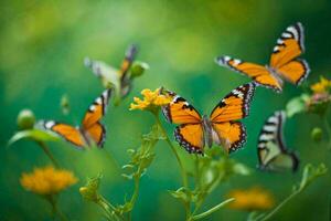 vlinders in vlucht tegen een levendig groen achtergrond, hun Vleugels creëren een vervagen van kleuren. foto