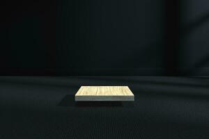 de houten kubiek platform in de donker kamer, 3d renderen foto