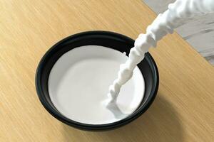 een kom van melk en spatten vloeistof, 3d weergave. foto