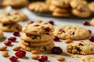 eigengemaakt chocola spaander koekje geplaatst Aan een rustiek houten tafel foto