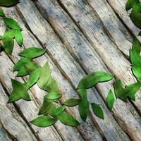 bladeren verspreide Aan de houten tafel, 3d weergave. foto