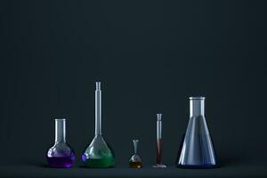 chemisch instrumenten en reagentia in de laboratorium, 3d renderen foto