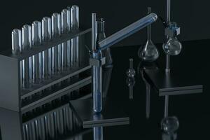 chemisch instrumenten en reagentia in de laboratorium, 3d renderen foto