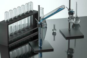 chemisch instrumenten en reagentia in de laboratorium, 3d renderen foto