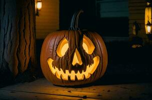 spookachtig halloween viering, waar griezelig figuren in onheil kostuums zwerven door een vaag lit achtervolgd huis. foto