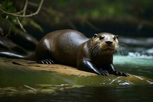 een reusachtig rivier- Otter voeden in haar natuurlijk leefgebied in de pantanal regio van Brazilië. foto