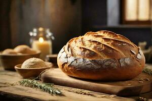 voedsel fotografie van een brood van vers gebakken eigengemaakt brood, uitstralend warmte en comfort Aan een rustiek houten tafel. foto