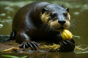 een reusachtig rivier- Otter voeden in haar natuurlijk leefgebied in de pantanal regio van Brazilië. foto