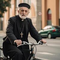 een Katholiek priester rijden fiets ai generatief foto