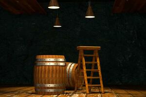 houten kelder met vaten en ladder binnen, wijnoogst drank magazijn, 3d weergave. foto
