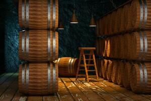 houten kelder met vaten binnen, wijnoogst drank magazijn, 3d weergave. foto