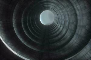 een verlaten ronde tunnel gebouw in duisternis, met tafereel van wetenschap fictie, 3d weergave. foto