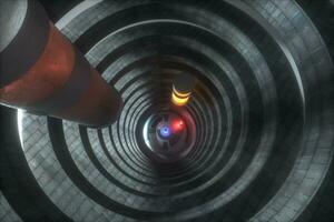 een verlaten ronde tunnel gebouw in duisternis, met tafereel van wetenschap fictie, 3d weergave. foto