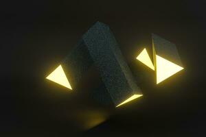 3d weergave, geel gloeiend driehoek pijler met donker achtergrond, foto