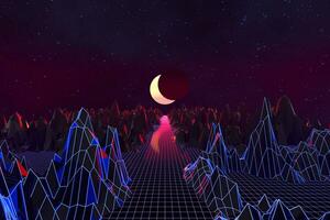 3d achtergrond illustratie geïnspireerd door 80's tafereel synthwave en retrogolf. foto