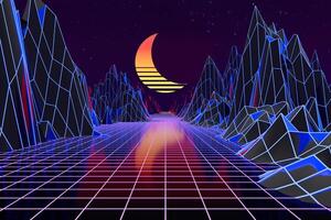 3d achtergrond illustratie geïnspireerd door 80's tafereel synthwave en retrogolf. foto