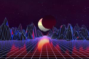 3d achtergrond illustratie geïnspireerd door 80's tafereel synthwave en retrogolf. foto