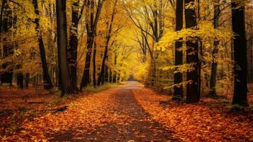 herfst Woud landschap met weg van vallen bladeren, warm licht verhelderend de goud gebladerte. voetpad in tafereel herfst Woud natuur. generatief ai foto