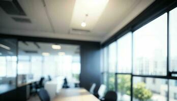wazig achtergrond van een licht modern kantoor met panoramisch ramen en mooi verlichting ai gegenereerd foto